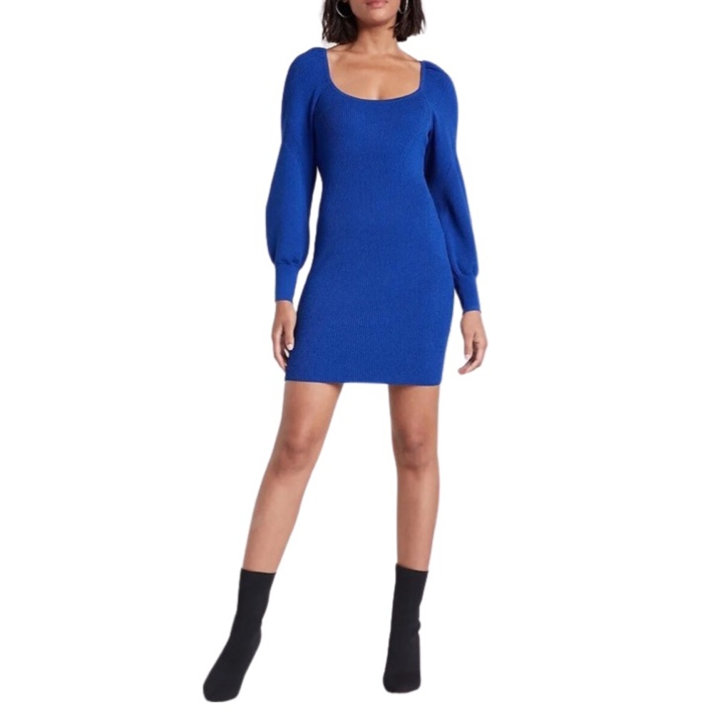 NWT Express Cobalt Blue Ribbed Body Contour Midi Dress with Lantern Sleeves